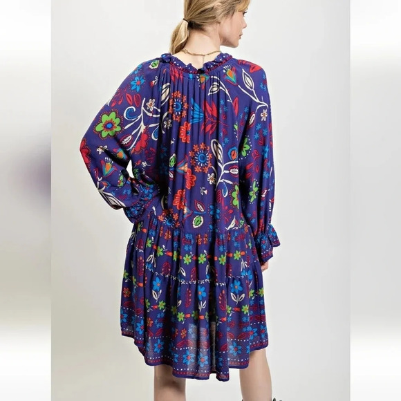 New! Easel Boho Flower Floral Blue Long Sleeve Dress - Picture 5 of 6